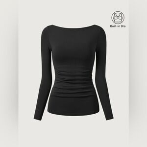 OGL Mid Thermal Modern Side Ruched Boatneck Brami Top - black